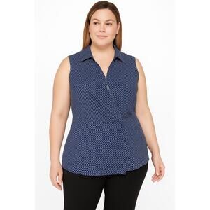 Talbots Blue Polka Dot‎ Collared Zipper Sleeveless Wrap Blouse Womens Size 16